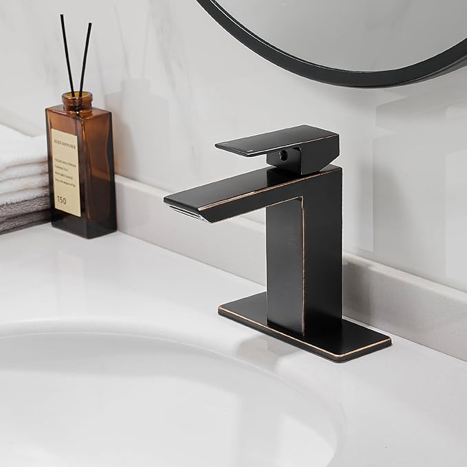 RUMOSE Oil Rubbed Bronze Bathroom Faucets Set with Pop Up Drain Single Handle Bathroom Sink Faucet 1 & 3 Hole Waterfall Spout Vanity Faucet Kit with Deck Plate Lavatory Basin Faucet, Stainless Steel