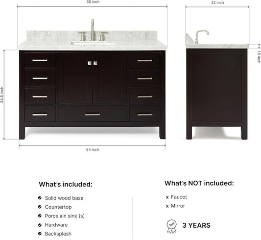 ARIEL Cambridge 54-inch Bathroom Vanity with Sink,Solid Wood, 1.5-inch Italian Carrara Marble Countertop, Single Rectangular Porcelain Sink, 2 Soft Closing Doors, 9 Dovetail Drawers, Espresso