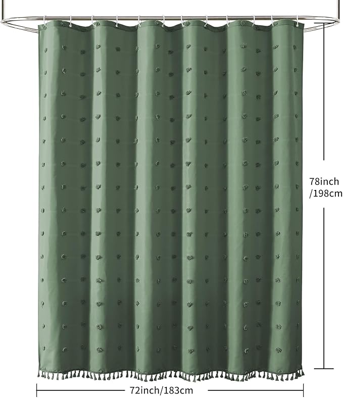 LilyCat Dark Green Boho Tufted Floral Shower Curtain with Tassel, 72" x 78" | Waterproof Boho Fabric Shower Curtain Set with Hooks, Cute Rustic Vintage Bathroom Décor, Minimalist Cloth Bathroom Curtain