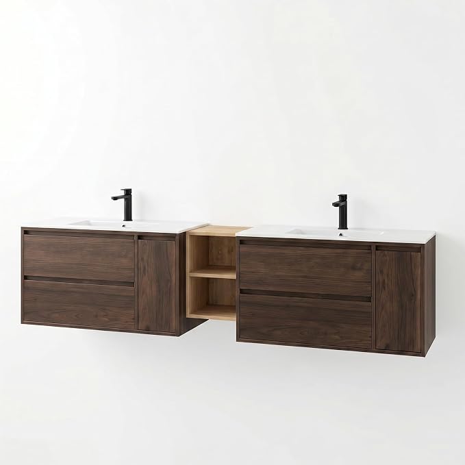 84 Modern Floating Double Sink Bathroom Vanity, Wall-Mounted with Seamless Ceramic Top, Rounded Corners, Full-Extension Soft-Close Drawers & Concealed Drainage (Wood color, 84 inch)