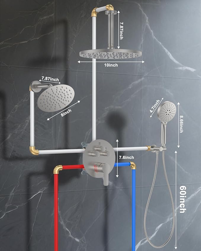 Shower System with Pressure Balance Valve, 10" Ceiling Mount Shower Faucet Set with 2 Rain Head and Multi-function Handheld Push Button Diverter Valve Kit,Brushed Nickel