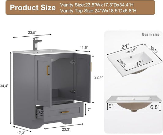 24 inch Bathroom Vanity with Sink, Modern Grey Vanity for Bathroom with Undermount Ceramic Sink, Freestanding 2-Door & 1-Drawer Storage Cabinet, for Small Bathroom Space, (Grey, 24")