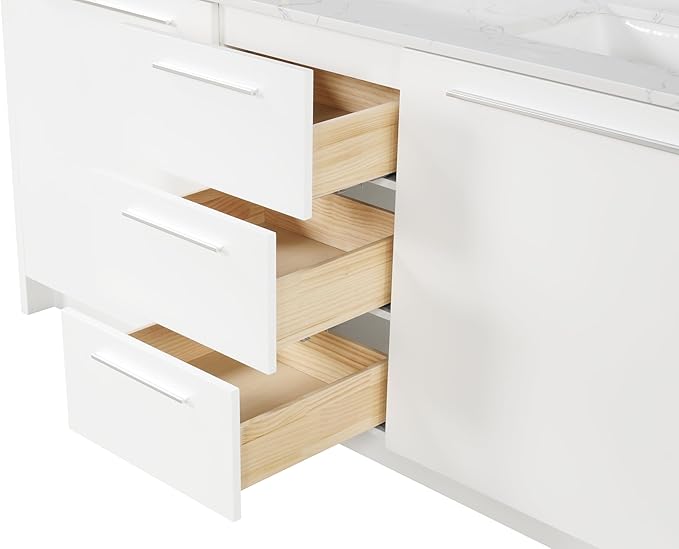 Nona 72" Solid Wood Double Sink Bathroom Vanity | Marble Countertop & Backsplash | Soft Closing Doors & Drawers | Nickel Brushed Handles | White Cabinet Undermount Ceramic Sink Top | Pre-Assembled