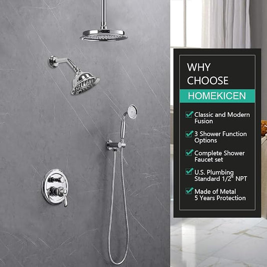 Dual Rain Shower Head System with Handheld Antique Faucet Set | Chrome Finish, Multi-layer Plating, Vintage Rainfall, 3 Way Diverter Brass Valve with Trim Kit, Easy Install