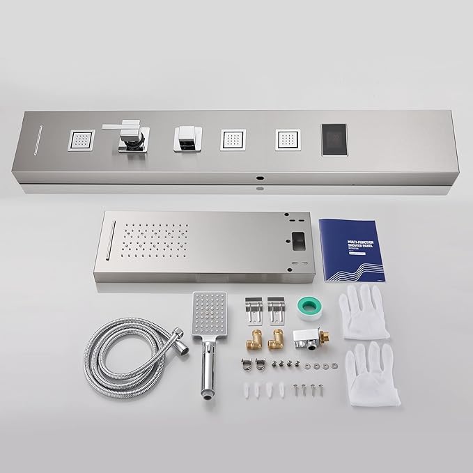 MENATT LED Shower Panel, 5-in-1 Shower Tower System, Rainfall & Waterfall Shower Head, Massage Jets, Tub Spout, Handheld Shower (Brushed)