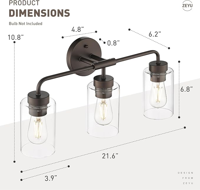 zeyu 22-Inch 3-Light Bathroom Light Fixtures with Clear Glass, ZS62B-3W ORB | Bathroom Lights Fixtures Over Mirror, Clear Glass Shades, 3 E26 Bulbs Up To 60W Each, Up/Down Mount, For Bathroom Mirror