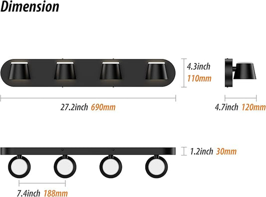 URSOLA 4 Light Bathroom Vanity Light, LED Black Wall Light Fixtures, Up and Down Rotatable Dimmable, 27 inch Bathroom Lighting Fixtures Over Mirror