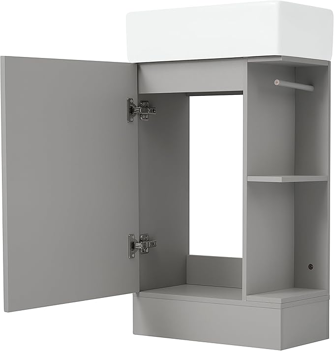 Harper & Bright Designs 18.6" Bathroom Vanity with Sink, Free Standing Single Basin Vanity Set with Storage Cabinet & Two-Tier Shelf, Wooden Cabinet with Ceramic Basin for Bathroom, Grey