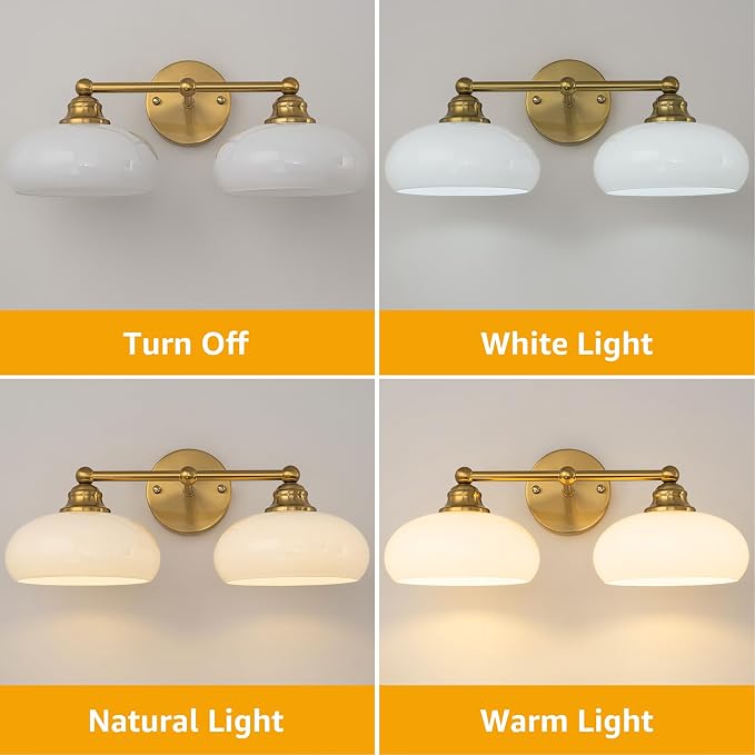 Bathroom Light Fixtures Over Mirror Vintage Gold Vanity Lighting Fixtures | Double Arm Vanity Lighting Fixtures 2 Light Antique Wall Light Fixture with Glossy Milk White Glass Shade for Bathroom