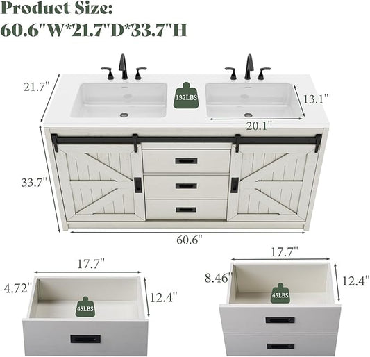60" Farmhouse Sliding Barn Door Double Vanity with Sink Combo, Freestanding Bathroom Vanity Cabinet with Drawers & Metal Handles, Distressed White