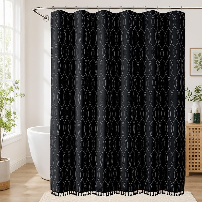 OVZME Black Shower Curtain for Bathroom, Puff Printed Textured Shower Curtain with Tassels, Rustic Geometry Heavy Duty Vintage Country Bathroom Curtain, Water Resistant Fabric, 72Wx72L Inches