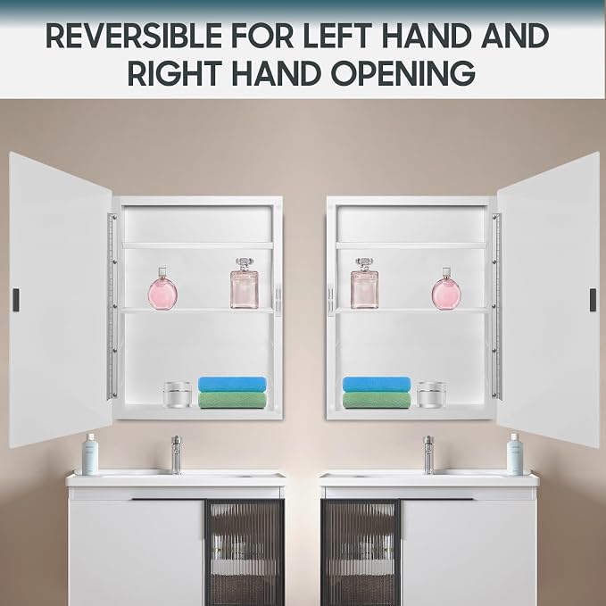 17x27 Plastic Medicine Cabinet with Mirror, Recessed or Surface Mount | 3 adjustable shelves, beveled mirror, soft-close reversible door, 95% assembled; cutout 13.86"W x 24.15"H x 3"D