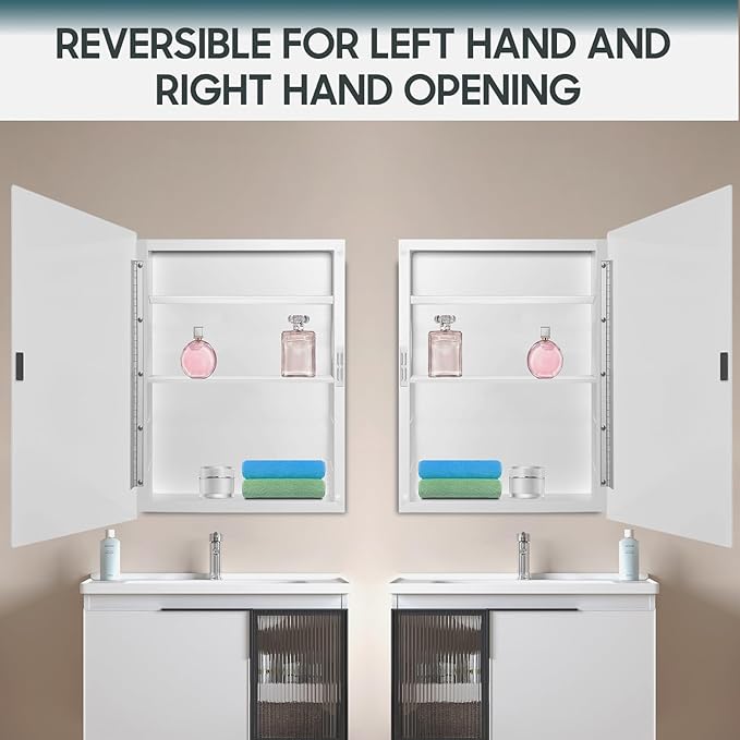 16x28 Plastic Medicine Cabinet with Mirror, Recessed or Surface Mount | 3 adjustable shelves, beveled mirror, soft-close reversible door, 95% assembled; cutout 13.86"W x 24.15"H x 3"D