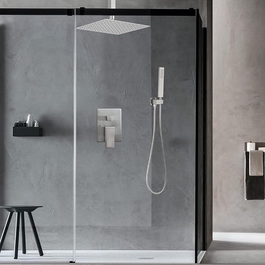 10 Inch Ceiling Mounted Shower System Rain Mixer Shower Combo Set Rainfall Shower Head System Brushed Nickel Shower Faucet Rough-in Valve Body and Trim Kit Included