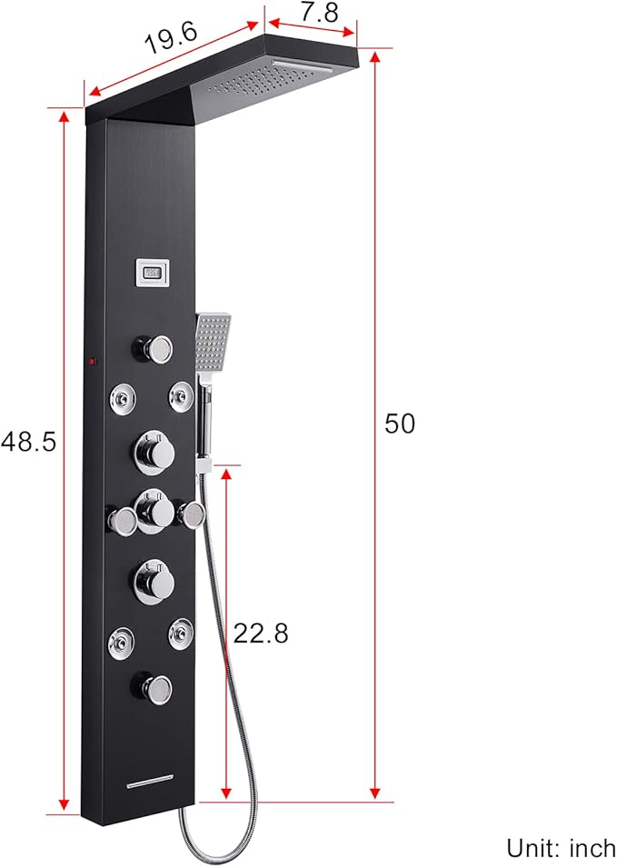 POPFLY 6 In 1 LED Shower Panel Tower System, 8 Body Massage Jets, 304 Stainless Steel Wall Mount Rainfall & Waterfall Shower Column Towers with Temperature Display, Tub Spout, Black