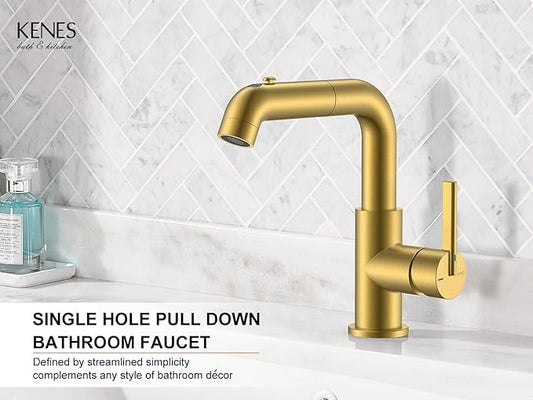 Pull Down Bathroom Faucet, Brushed Gold Single Handle Vanity Faucet | Pull Out Bathroom Faucet with Pop Up Drain & 6 Inch Deck Plate, Lead-Free cUPC & NSF Certified, 1 Hole Faucet for Vanity RV