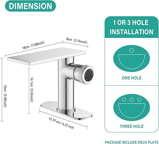becola Modern Chrome Bathroom Faucet, Waterfall Faucet for Bathroom Sink, Single Hole Bathroom Sink Faucet Cold and Hot Basin Mixer Tap, Single Handle Bathroom Faucet with Adjust Knobs and Deck Plate