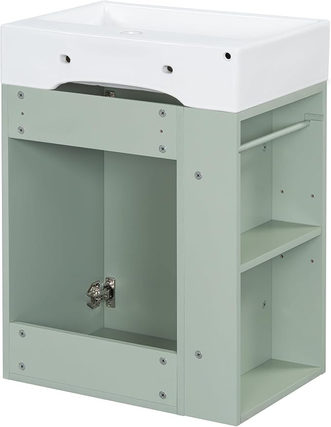 20" Floating Bathroom Vanity with Sink, Soft Closing Door,and Storage Shelves, Solid Wood Frame & MDF Modern Single Small Bathroom Vanity Cabinet with Open Shelf,Wall Mounted (Green)