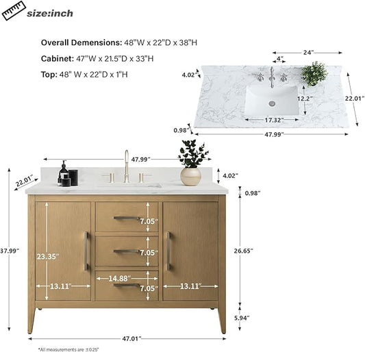 HomeBeyond 48 Inch Bathroom Vanity with Sink & Ceramic Top, Single Vanity Cabinet with Basin, Soft-Closing Doors & Matte Black Hardware, Natural Oak