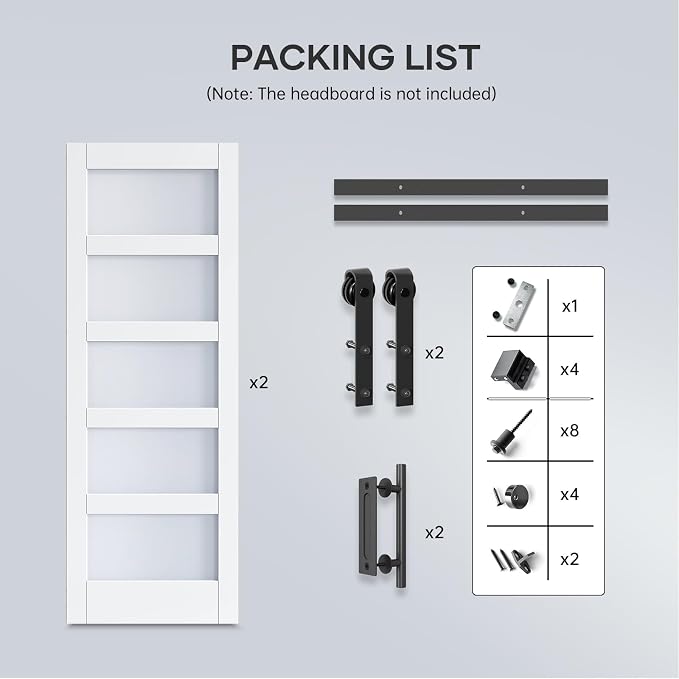 Double 32×80 Inch Glass Barn Door Slab and 11ft Hardware Kit Included, 5 Frosted Glass, LVL Wood Panel Covered with White Water-Proof Scratch-Proof PVC Surface, Simple DIY Assembly