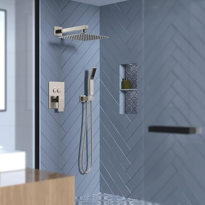 SR SUN RISE Shower System with Push Button Diverter, Wall Mounting Luxury 10 Inch Rain Shower Head with Handheld Spray, High Pressure Shower Faucet Combo Set with Rough-in Valve, Brushed Nickel