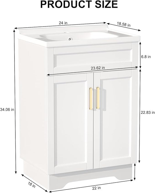 OLD CAPTAIN Bathroom Vanity with Ceramic Sink, Wooden Double Door Bathroom Storage Vanity with 24 Inch, Small Quick Assembly Bathroom Cabinet (White)