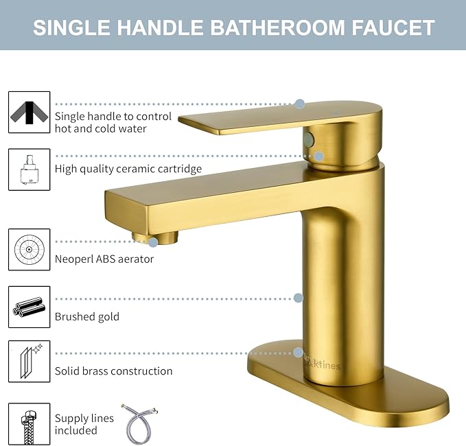 Gold Bathroom Faucet 1 Hole, Single Handle Bathroom Vanity Sink Faucet with Deck Plate & Metal Pop-Up Drain & Supply Lines, Gold Brushed Finish