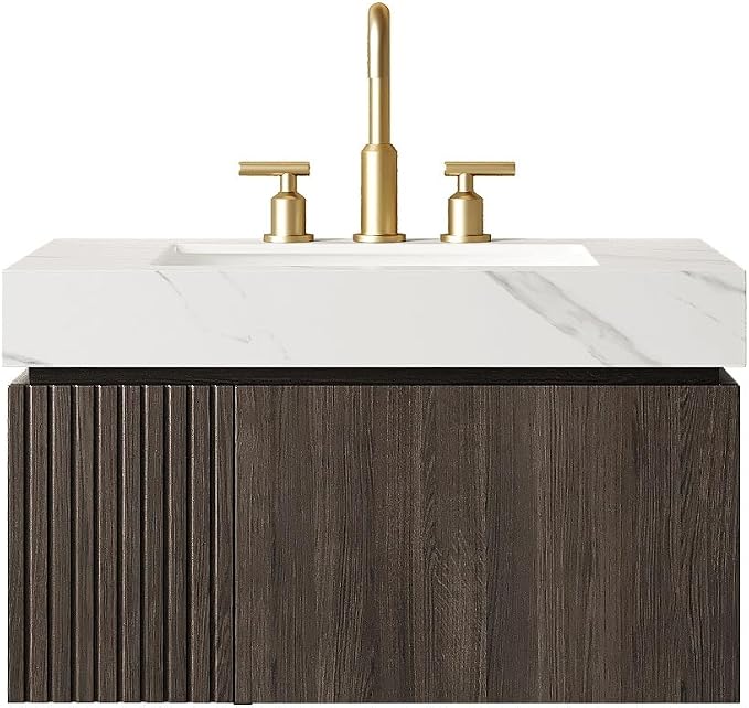 KEIKI 30 Inch Floating Bathroom Vanity with Sink, Espresso & White | Modern Wall Mounted Storage Cabinet w/ Drawer & Door, Pre-assembled Wood Panels, Sintered Stone Top & Ceramic Basin Combo Set