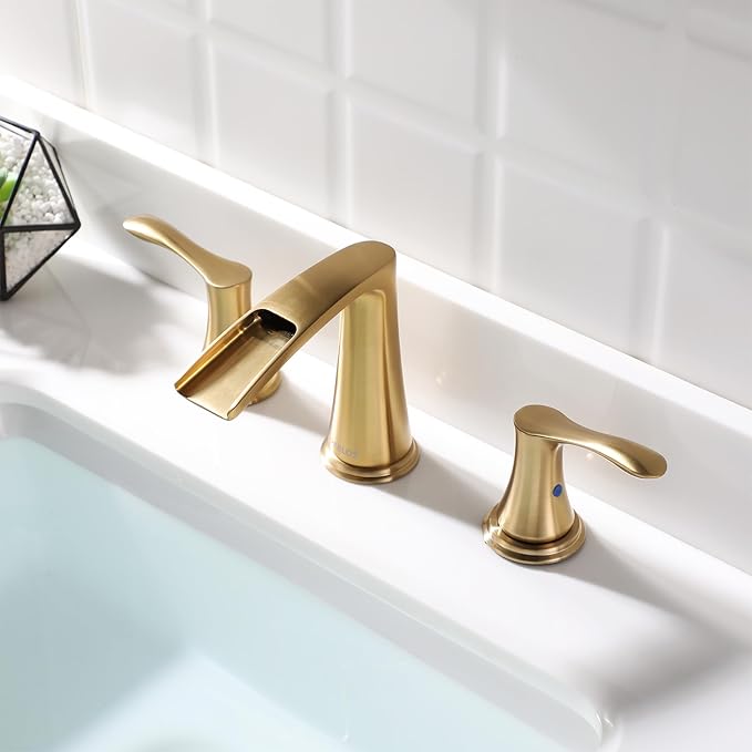 PARLOS Waterfall Widespread Bathroom Faucet Double Handles with Metal Pop Up Drain & cUPC Faucet Supply Lines, Brushed Gold, Demeter 1431808