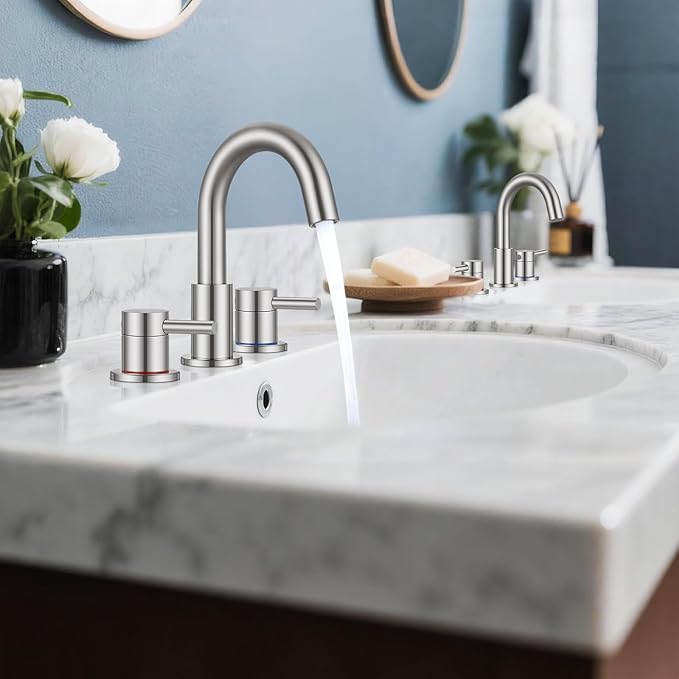 FGKQ Brushed Nickel Bathroom Faucet 3 Hole, 8 inch Widespread Bathroom Faucets for Sink 3 Hole Brushed Nickel with Pop-Up Drain Water Supply Lines
