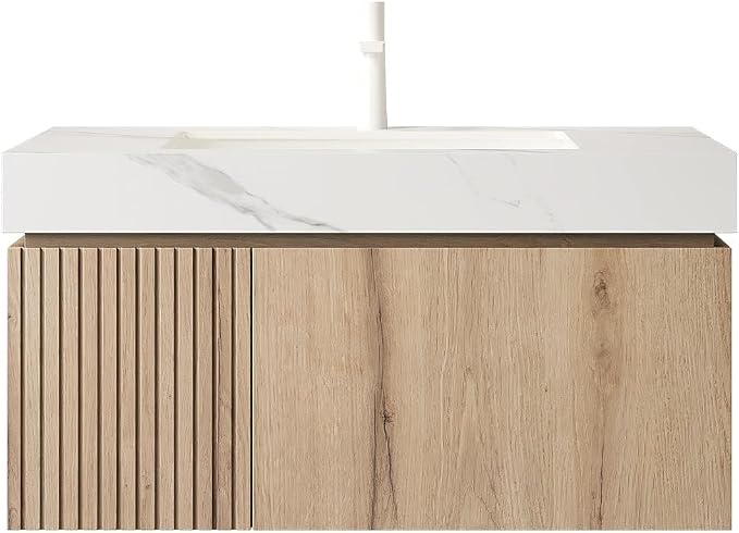 KEIKI 36 Inch Floating Bathroom Vanity with Sink, White Oak & White | Modern Wall Mounted Storage Cabinet w/ Drawer & Door, Pre-assembled Wood Panels, Sintered Stone Top & Ceramic Basin Combo Set