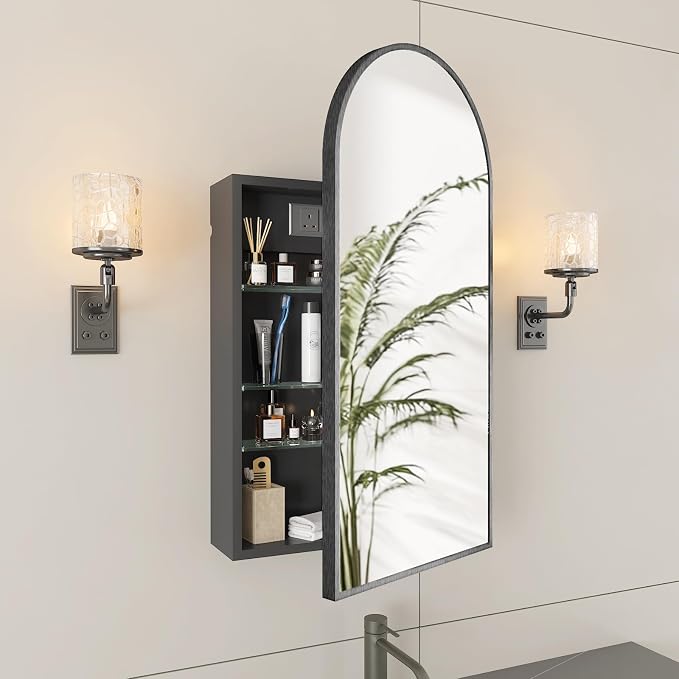 FKWin Medicine Cabinet Mirror with Power Outlet, Surface Mount, 20x34 Inch | Built-in Power Outlet, Adjustable Bathroom Storage, Reversible Left or Right Door, Surface Mount Design