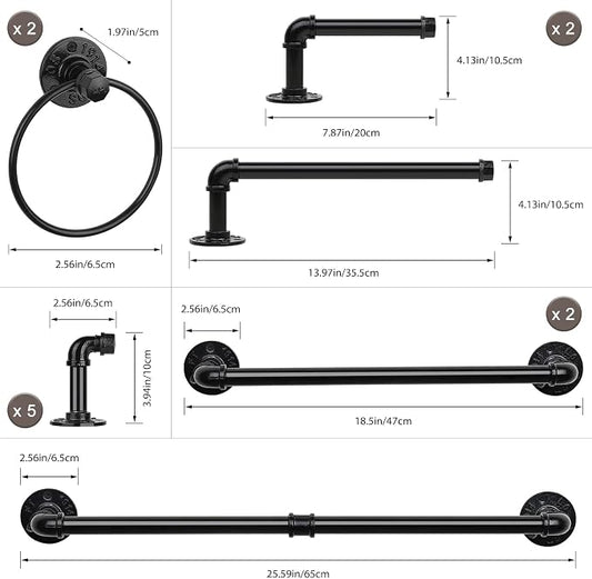13-Pieces Black Bathroom Hardware Set Industrial Pipe Towel Bar | Towel Rack Accessories Kit, Wall Hand Towel Bar, Toilet Paper Holder, Towel Ring & Robe Hooks