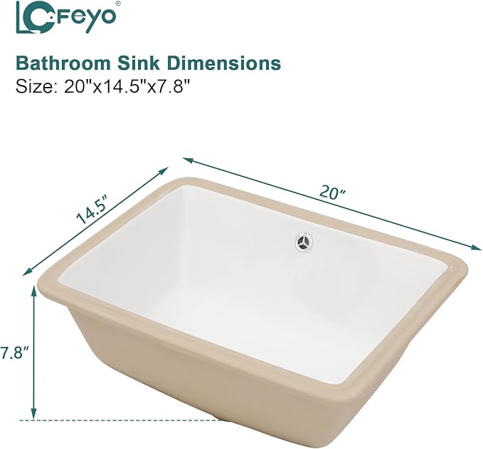 Undermount Bathroom Sink 20''x14'' White Rectangle Bathroom Sink Porcelain Ceramic Sink Vanity Basin Lavatory Sink Vessel Sink