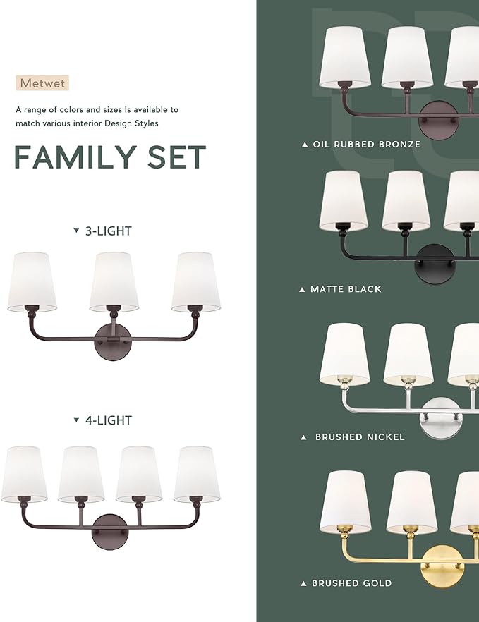 4-Light Oil Rubbed Bronze Bathroom Vanity Light, White Fabric | Ideal for 32-42" mirrors, 28" bathroom light fixtures over mirror, upward only, E26 base, bulbs not included, VL837-ORB-4