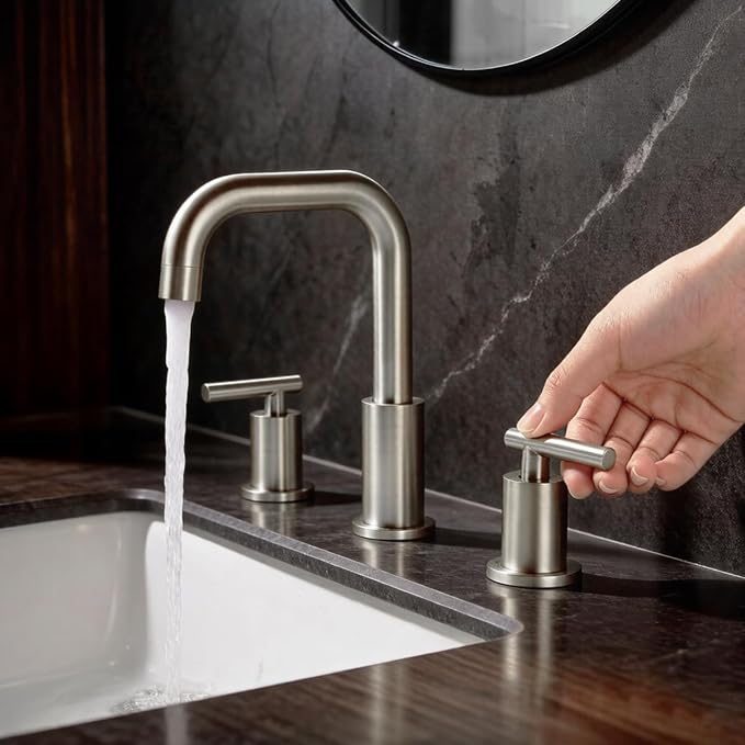 TRUSTMI Brushed Nickel Bathroom Faucet 8" Widespread, Swivel Spout & Drain | Heavy-Duty Brass Construction, Includes Overflow Drain & cUPC Supply Lines, fits 3-Hole 6–12" Vanity Sinks, Easy to Install