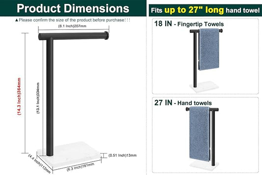 Hand Towel Holder, Hand Towel Stand for Bathroom with Marble Base, 304 Stainless Steel L Shape Hand Towel Rack Bar Standing for Vanity Kitchen Countertop, Matte Black
