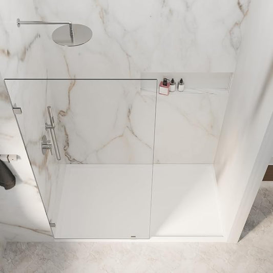 32" W x 72" H Fixed Single Shower Glass Panel, Chrome Finish | 3/8” 10mm Frameless for Walk in Shower with Clear Tempered Glass Explosion-Proof Film for Bathroom, Silver