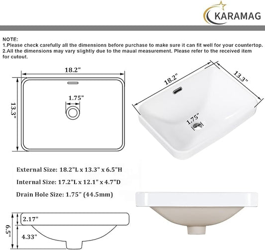 Bathroom Vessel Sink 18.2''x13.3''Drop In Vanity Sink with Overflow | 18 Inch Semi Recessed Design Bathroom Sink White Ceramic Porcelain Modern Style Easy to Clean Vessel Sink for Bathrooms