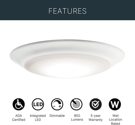 Kichler Gen 1 LED Downlight, Flush Mount, White, 3000K, 43846WHLED30 | 7.5” Ceiling Flush Mount Wet Rated Interior Dimmable Light for Living Room, Kitchen, Bathroom and Bedroom, (7.5” x 1.5”)