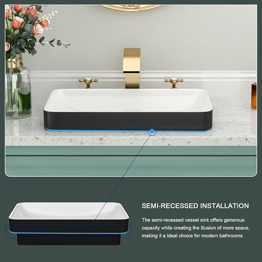 Rectangular White and Black Bathroom Vessel Sink | Beslend 19x12 Semi Recessed Black&White Above Counter Rectangular Ceramic Wash Sinks Top Counter Porcelain Modern Art Basin