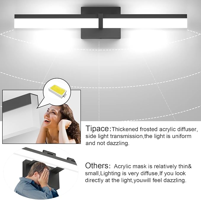Tipace Black Bathroom Light Fixtures 24 inch LED Vanity Lights Modern Bathroom Light Fixtures Over Mirror (White Light 6000K)