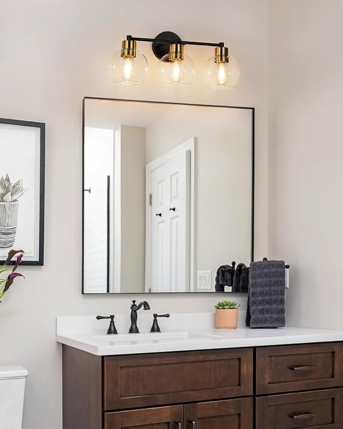 WILON Modern Bathroom Light Fixtures Over Mirror, 3-Light Bathroom Vanity Light, Black and Gold Vanity Light Fixture, Wall Lamp with Globe Clear Glass Shades
