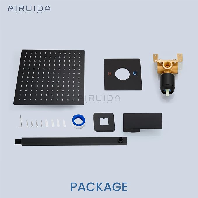 Airuida 12 Inch Matte Black Shower Faucet Set,Shower Valve Kit | Rainfall Shower Head and Handle Set,Female Thread Rough-in Valve Shower Kit,Single Function Shower System