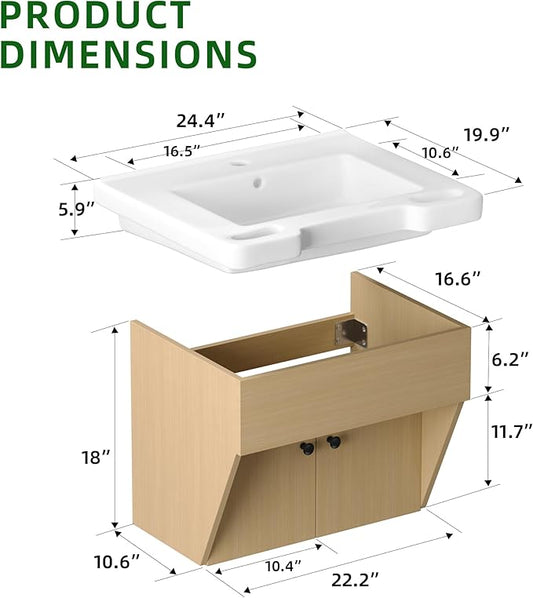 24" Floating Vanity ADA Compliant Modern Wall-Mount Small Bathroom Vanity with Ceramics Sink Modern Hand & Mirror Cabinet Combo with Two Doors for Elderly, Seniors, Handicap & Disabled