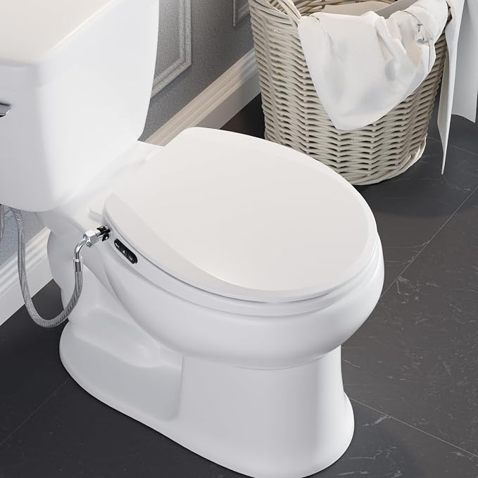Clirass Bidet Toilet Seat, Soft Close Toilet Seat, Button control Feminine/Posterior Wash Switch, Knob Control Water Pressure,White (White/ROUND Black Silver Buttons, Round)