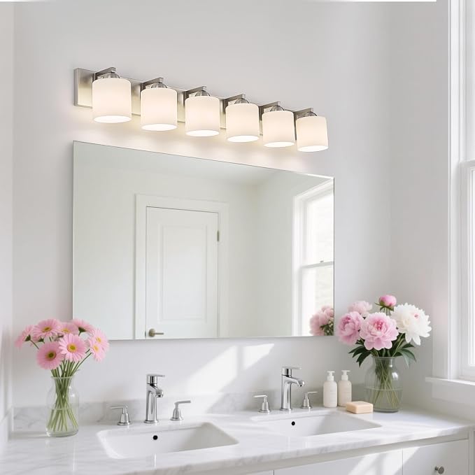mirrea 6-Light Brushed Nickel Bathroom Vanity Light with White Glass Shades | Over Mirror,Wall Sconce,ETL listed,Bathroom Lighting Fixtures,Elegant Design,Milk White Glass Shade,Easy Installation
