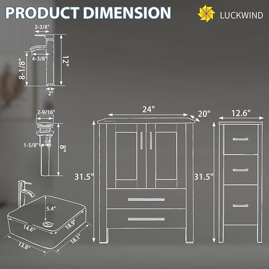 LUCKWIND 36" Bathroom Vanity with Sink Combo, 24-inch Main Cabinet with 12.6-inch Side Cabinet, Painted Storage Cabinet with 5 Drawers, Including Black Line Rectangle Sink Without Mirror, White