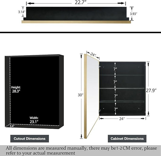 Bathroom Medicine Cabinet with 24x30 Inch Mirror - Recessed or Surface Mount Vanity Storage Cabinet| Antique Brush Gold Finish | Rustic Farmhouse Bathroom Mirror Cabinet