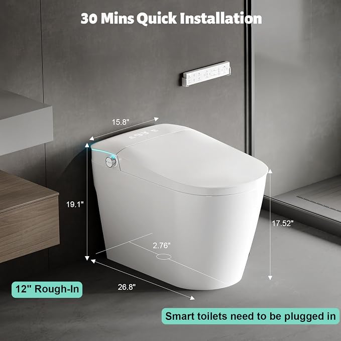 Smart Toilet with Bidet Built in, Dual Flush, Foam Shield, Manual Lid | Night Light, Heated Seat, Foot Sensor Flush, UV Self Clean, Instant Warm Water, Tankless Elongated Toilet, ADA for Bathroom